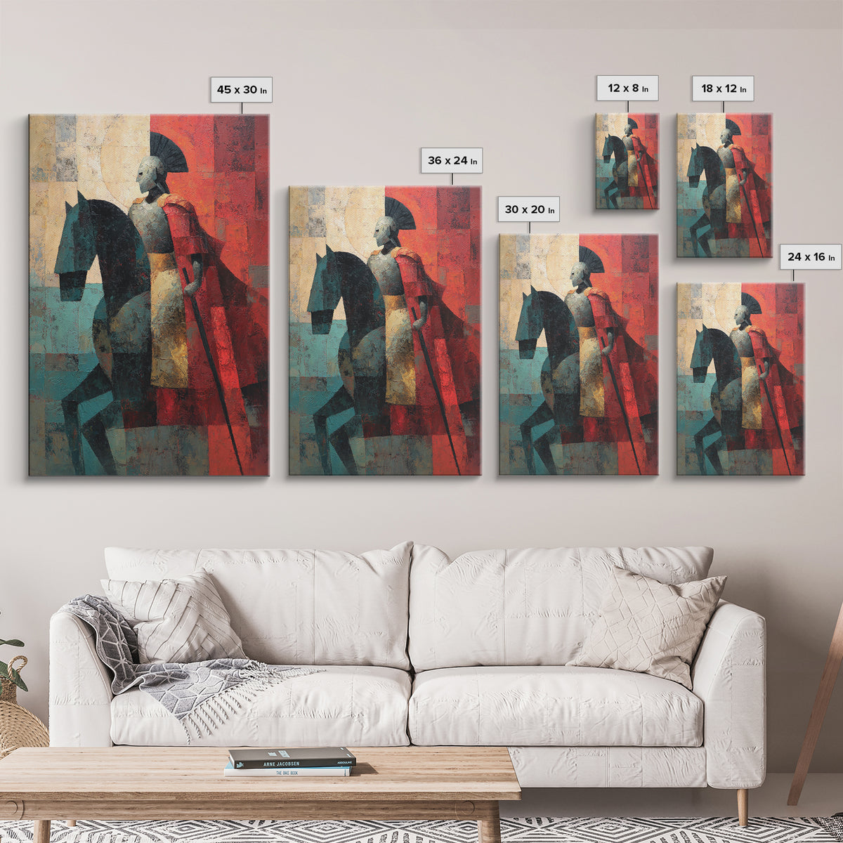 Abstract Roman Cavalry And Red Cloak Framed Canvas Print, Ancient Warrior Wall Decor, Modern Historical Art Print, Gift For Him