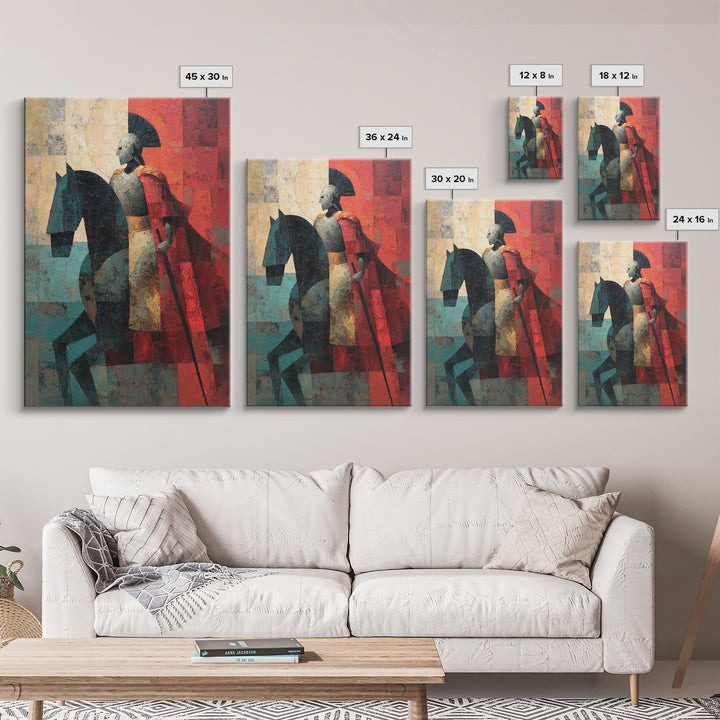 Abstract Roman Cavalry And Red Cloak Framed Canvas Print, Ancient Warrior Wall Decor, Modern Historical Art Print, Gift For Him