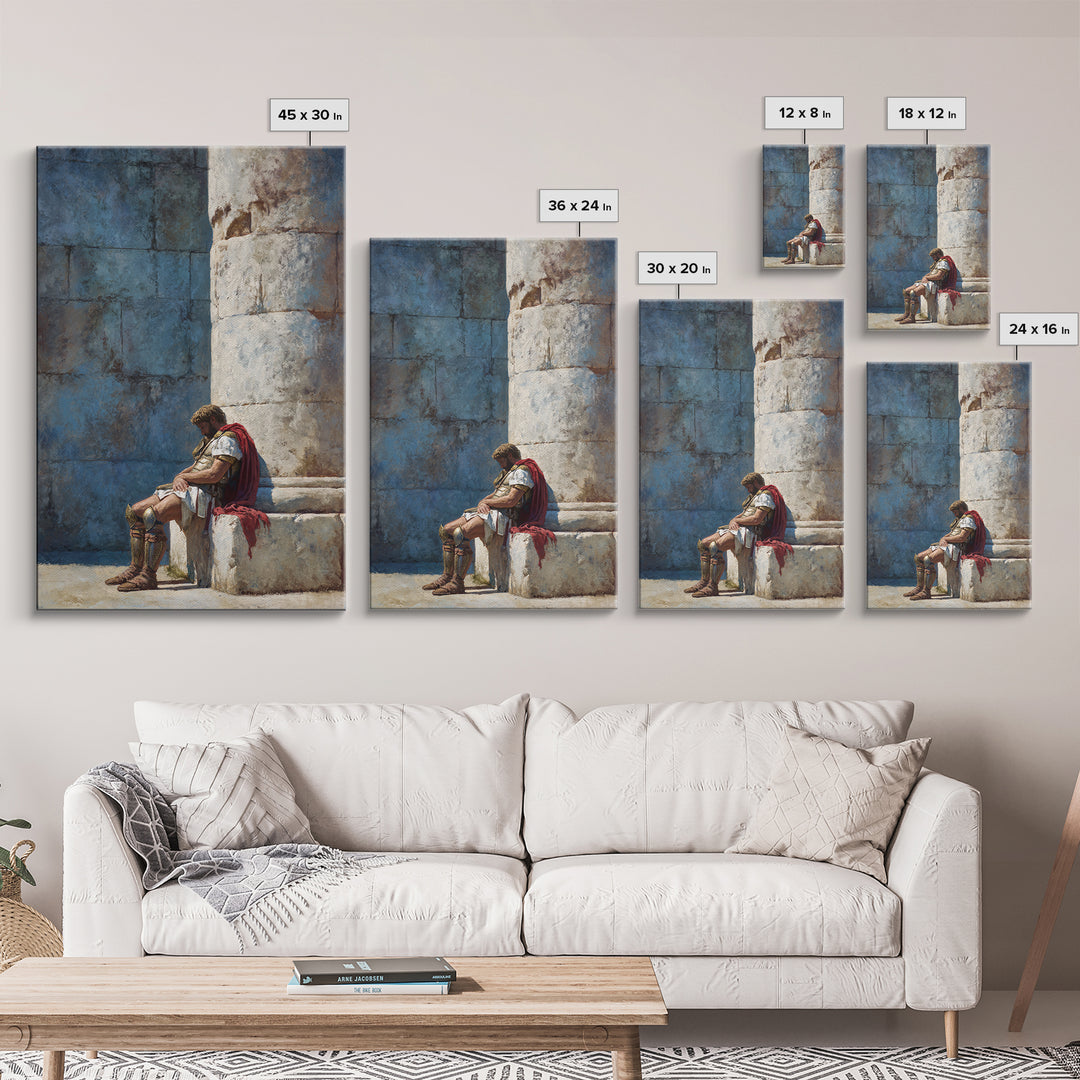 Resting Roman Soldier By Stone Column Wall Art, Ancient Classical Canvas Print, Historical Office Decor For Him, Housewarming Gift