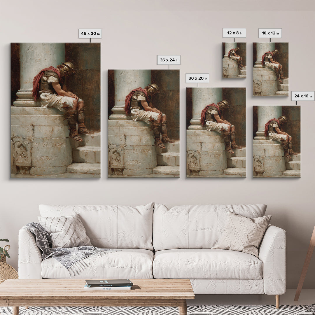 Sleeping Roman Soldier On Marble Steps Framed Canvas Print, Classical Wall Art, Ancient History Decor, Dark Academia Gift