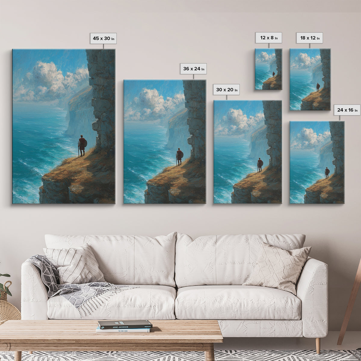 Epic Coastal Cliffside Warrior Painting Wall Art Canvas Print Dramatic Ocean View With Ancient Soldier For Home Decor