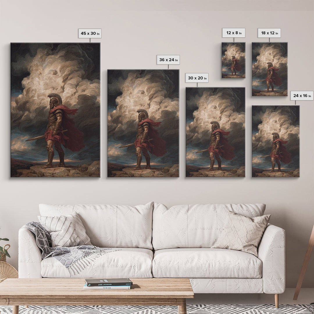 Roman Centurion Under Storm Clouds Framed Canvas Print, Classical Warrior Wall Art, Mythological Decor, Dramatic Office Art