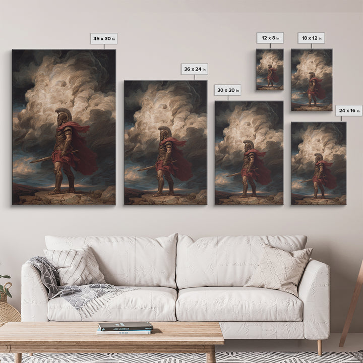 Roman Centurion Under Storm Clouds Framed Canvas Print, Classical Warrior Wall Art, Mythological Decor, Dramatic Office Art