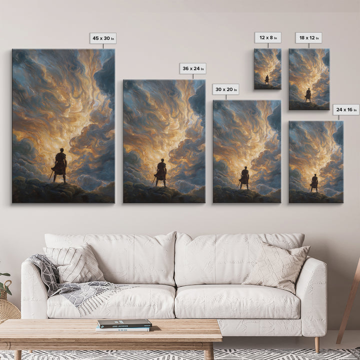 Lone Hero Beneath Golden Storm Clouds Wall Art, Epic Fantasy Canvas Print, Dramatic Sky Modern Living Room Decor, Office Decor