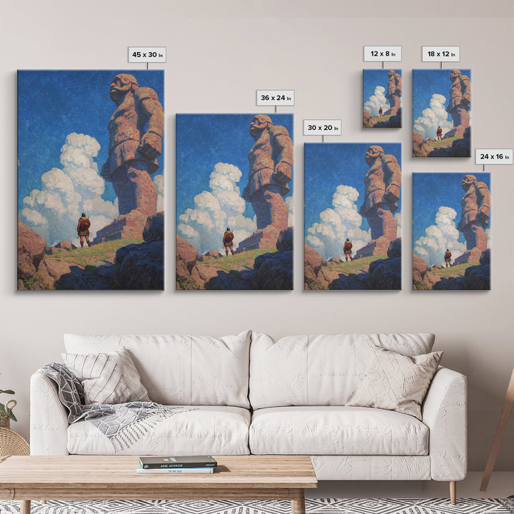 Tiny Warrior Beneath Colossal Stone Giant, Fantasy Wall Art, Mythical Landscape Print, Adventure Decor, Kids Room Art, Unique Gift