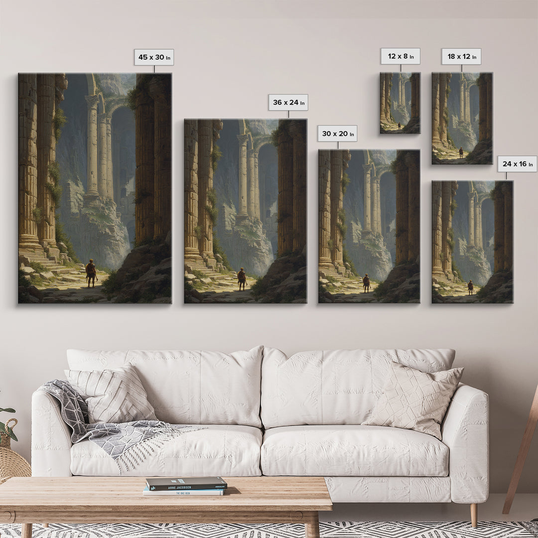 Lone Explorer In Monumental Ancient Ruins Wall Art, Fantasy Architecture Canvas, Classical Landscape Decor, Large Fine Art Print