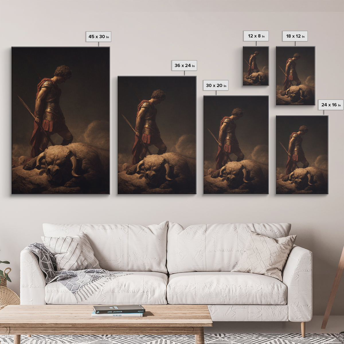 Heroic Warrior Standing Over Fallen Ram, Framed Canvas Print, Mythological Wall Art, Dark Fantasy Decor, Masculine Gift For Him