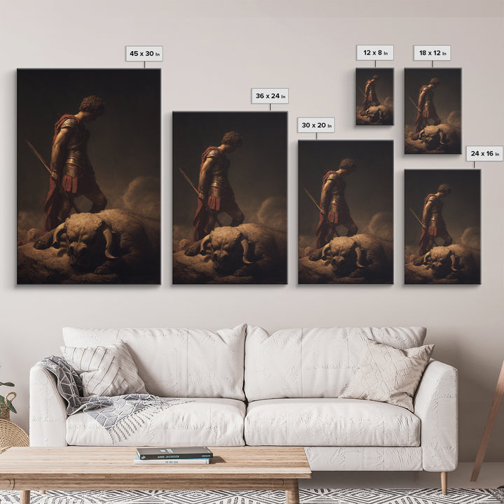 Heroic Warrior Standing Over Fallen Ram, Framed Canvas Print, Mythological Wall Art, Dark Fantasy Decor, Masculine Gift For Him