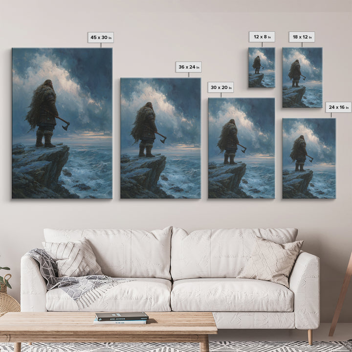 Viking Warrior On Stormy Ocean Cliff Wall Art, Norse Fantasy Canvas, Moody Seascape Print, Masculine Home Decor, Gift For Him