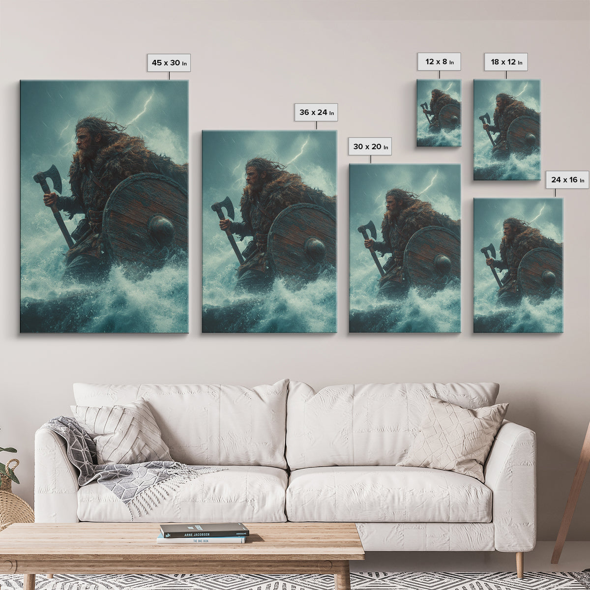 Stormy Viking Warrior With Axe, Norse Seascape Wall Art, Dark Fantasy Canvas Print, Masculine Decor, Gift For Him, Man Cave