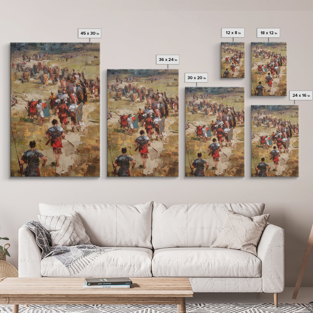 Roman Soldiers Marching Through Sunlit Camp Canvas Print, Impressionist Historical Wall Art, Classical Home Decor, Gift For Him