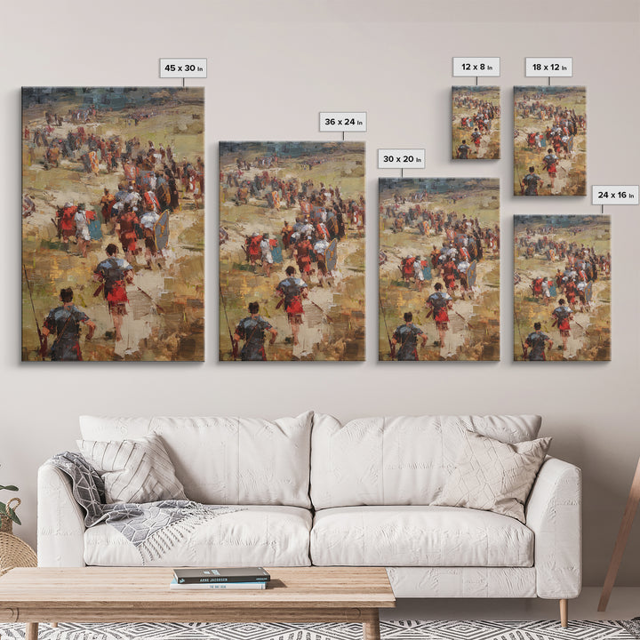 Roman Soldiers Marching Through Sunlit Camp Canvas Print, Impressionist Historical Wall Art, Classical Home Decor, Gift For Him