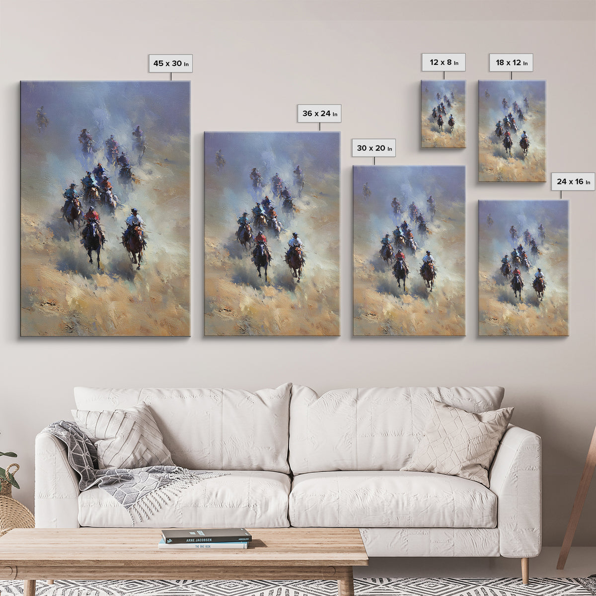 Galloping Cowboys In Dusty Desert Wall Art, Western Horse Racing Painting, Rustic Ranch Decor, Gift For Horse Lover, Living Room Art