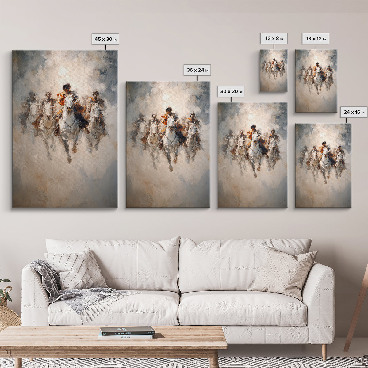 White Horses Charging Through Mist Canvas Print, Abstract Equine Painting, Equestrian Wall Art, Modern Farmhouse Decor Gift