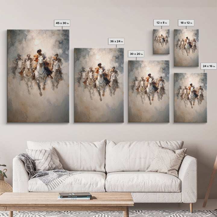 White Horses Charging Through Mist Canvas Print, Abstract Equine Painting, Equestrian Wall Art, Modern Farmhouse Decor Gift