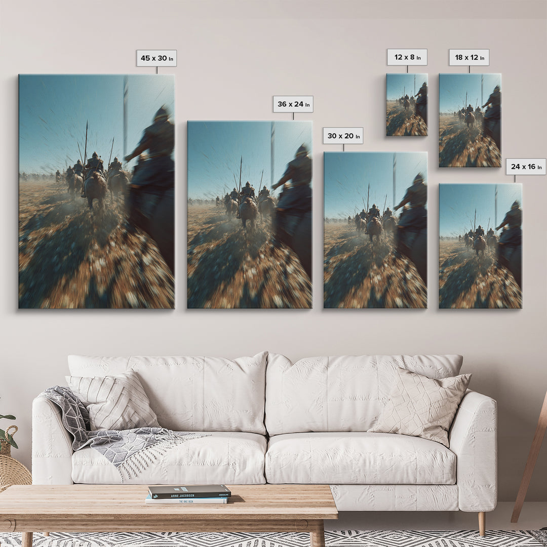 Ancient Cavalry Charge Across Dusty Battlefield Canvas Print, Epic Battle Wall Art, Horse Racing Decor, Masculine Art Gift For Him