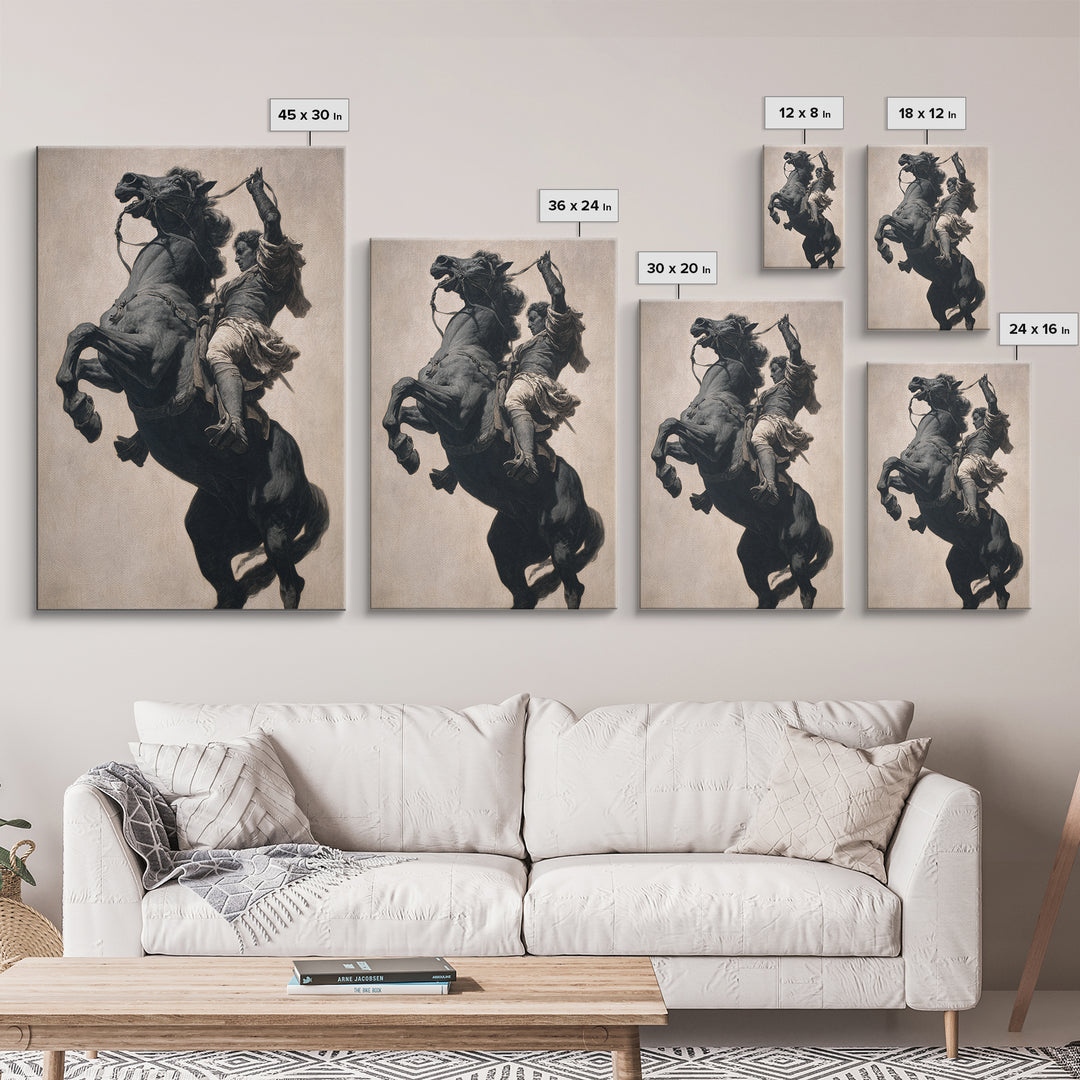 Rearing Black Horse And Rider Framed Canvas Print, Dramatic Equestrian Wall Art, Western Decor, Horse Lover Gift For Ranch Home