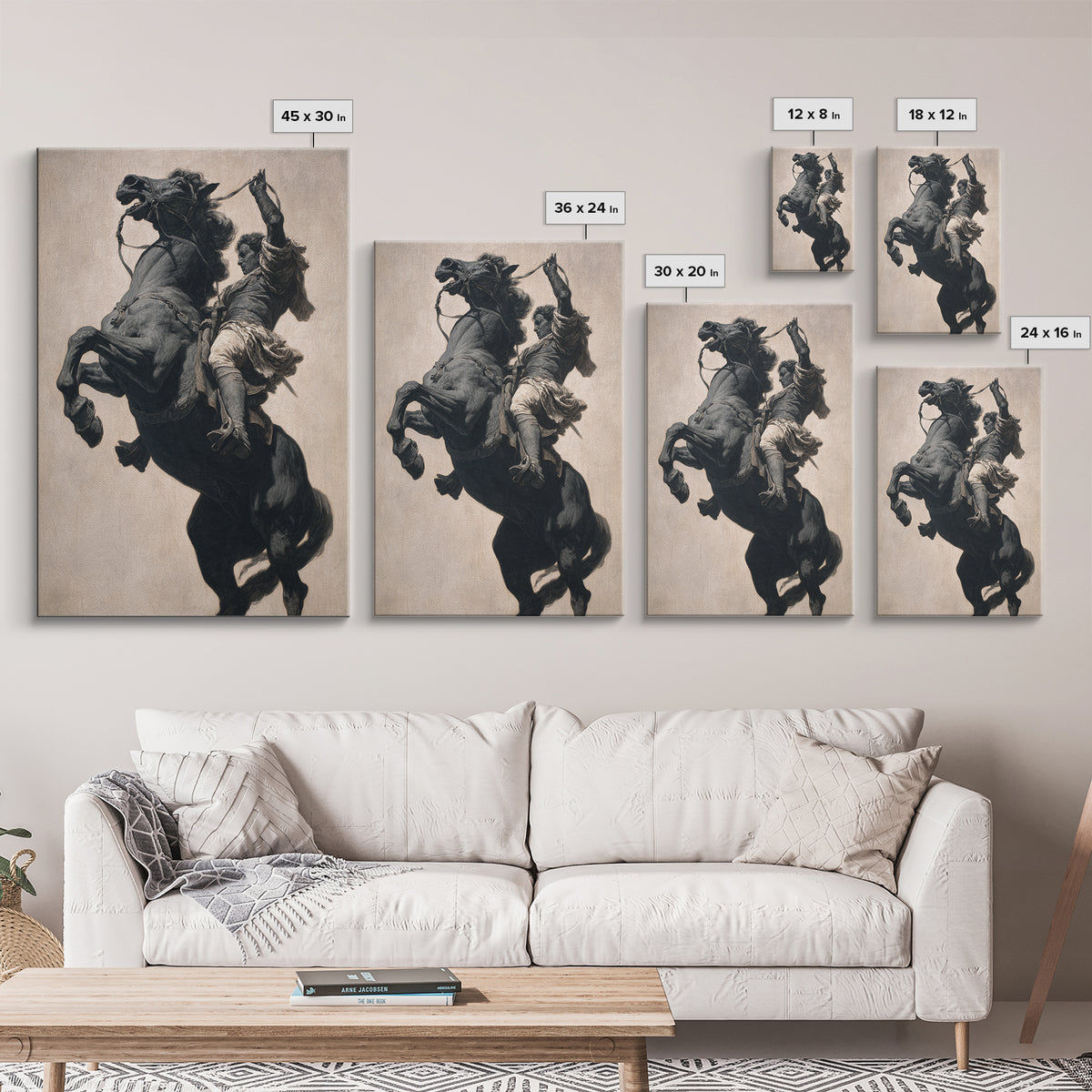 Rearing Black Horse And Rider Framed Canvas Print, Dramatic Equestrian Wall Art, Western Decor, Horse Lover Gift For Ranch Home