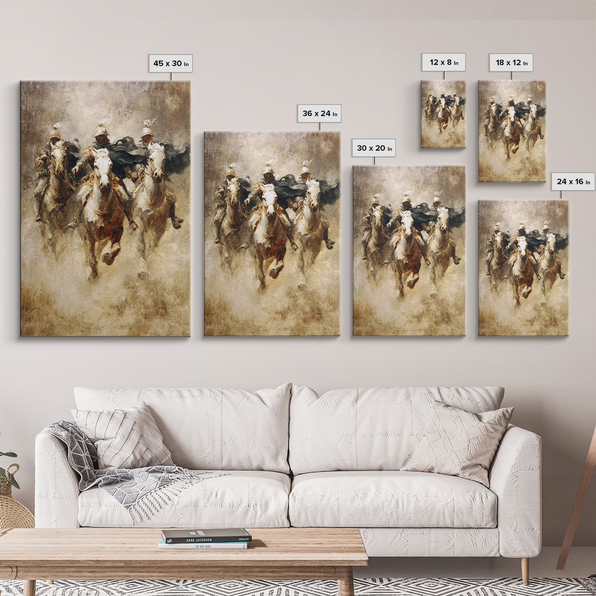 Charging Medieval Cavalry Riders Wall Art, Dramatic Horse Battle Canvas Print, Rustic Fantasy Decor, Large Living Room Decor