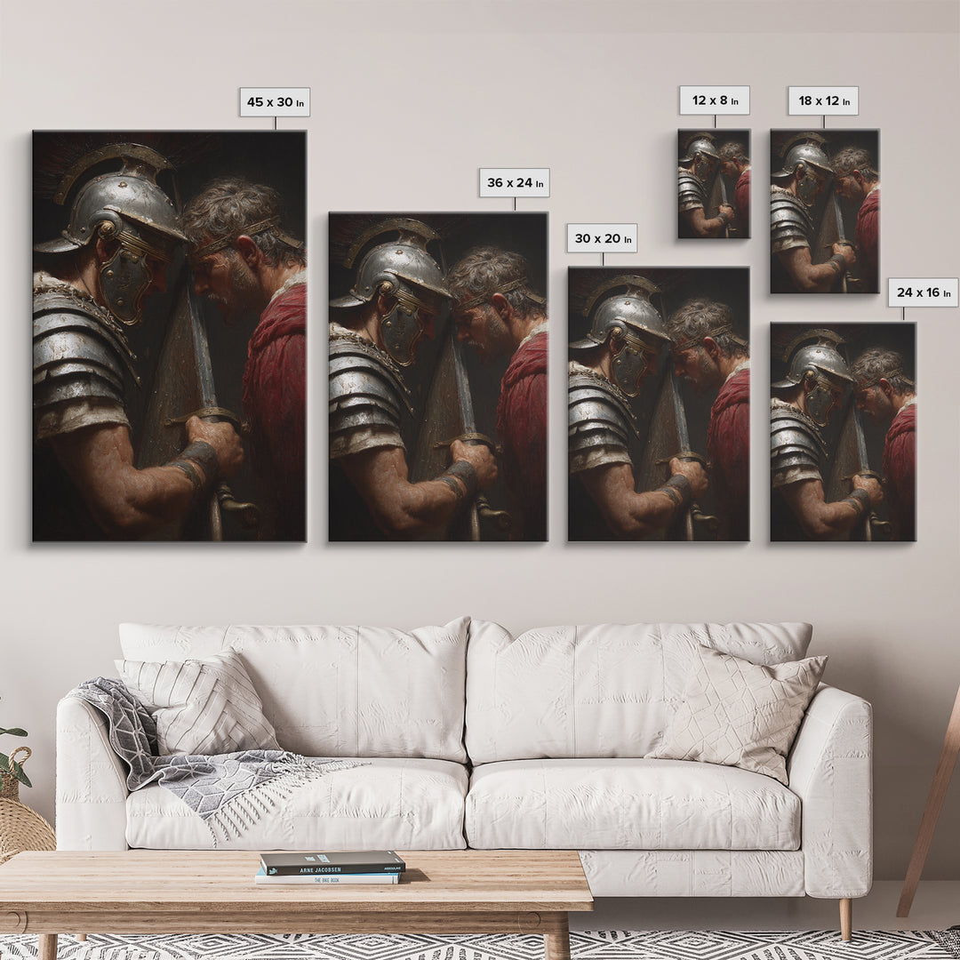 Roman Gladiator Face Off With Sword Wall Art, Intense Ancient Duel Canvas Print, Dark Masculine Office Decor, Gift For Him