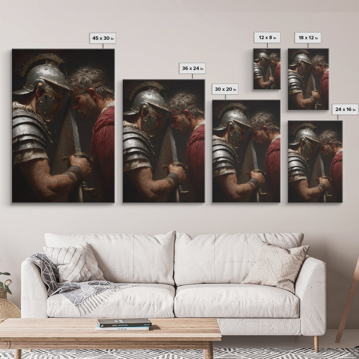Roman Gladiator Face Off With Sword Wall Art, Intense Ancient Duel Canvas Print, Dark Masculine Office Decor, Gift For Him