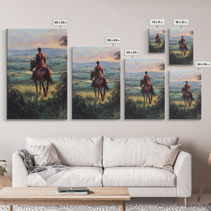 Rider On Horse Over Rolling Countryside Canvas Print, Equestrian Wall Art, Country Landscape Painting, Rustic Home Decor