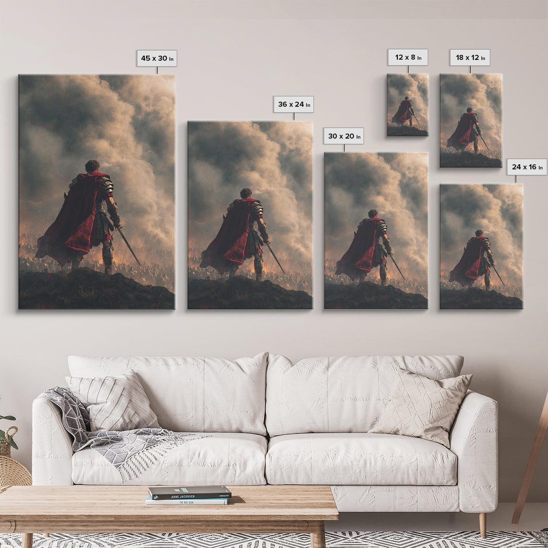 Roman Commander Over Burning Battlefield Framed Canvas Print, Ancient Warrior Wall Art, Dramatic History Decor, Gift For Him