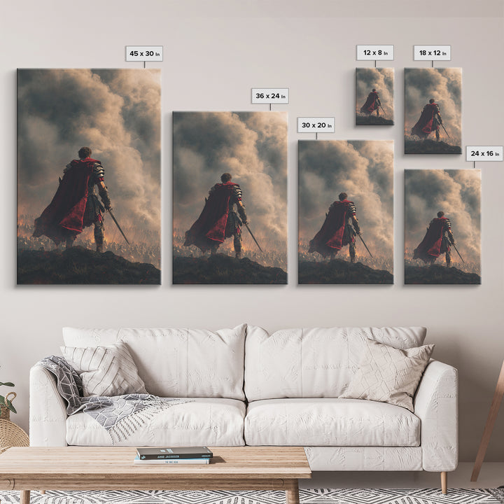 Roman Commander Over Burning Battlefield Framed Canvas Print, Ancient Warrior Wall Art, Dramatic History Decor, Gift For Him