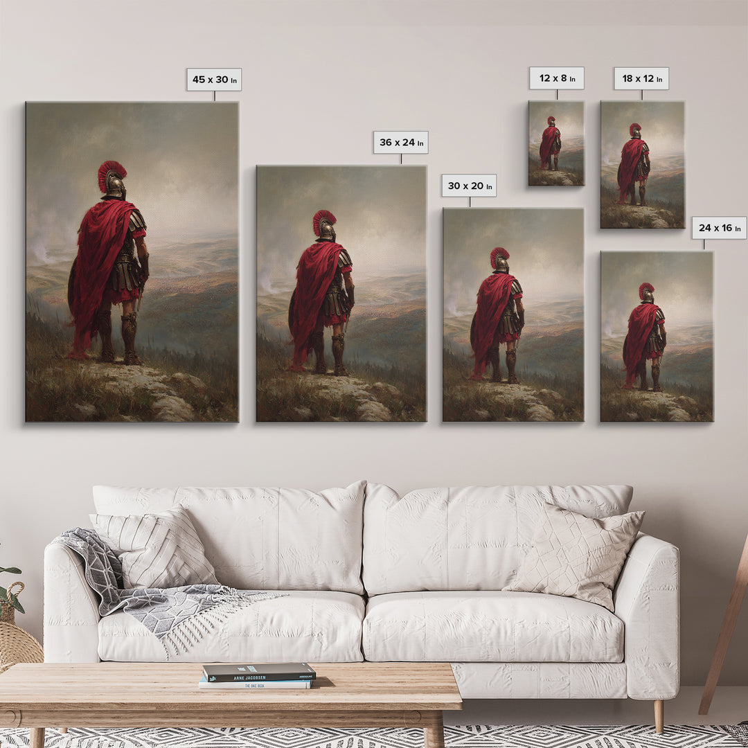 Roman Centurion In Red Cloak Overlooking Battlefield Wall Art, Ancient Warrior Canvas Print For Office Decor And Gift For Him