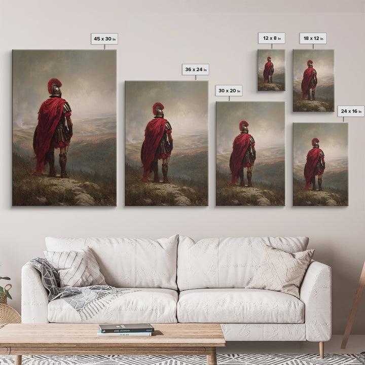 Roman Centurion In Red Cloak Overlooking Battlefield Wall Art, Ancient Warrior Canvas Print For Office Decor And Gift For Him