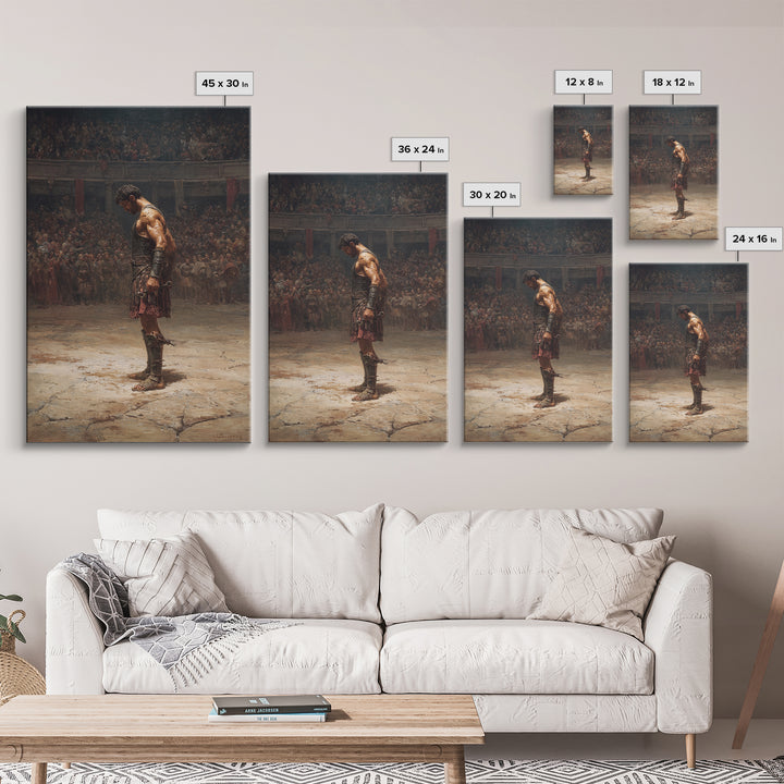 Gladiator In Arena Framed Canvas Print, Roman Warrior Oil Painting, Ancient History Wall Decor And Masculine Office Art Gift