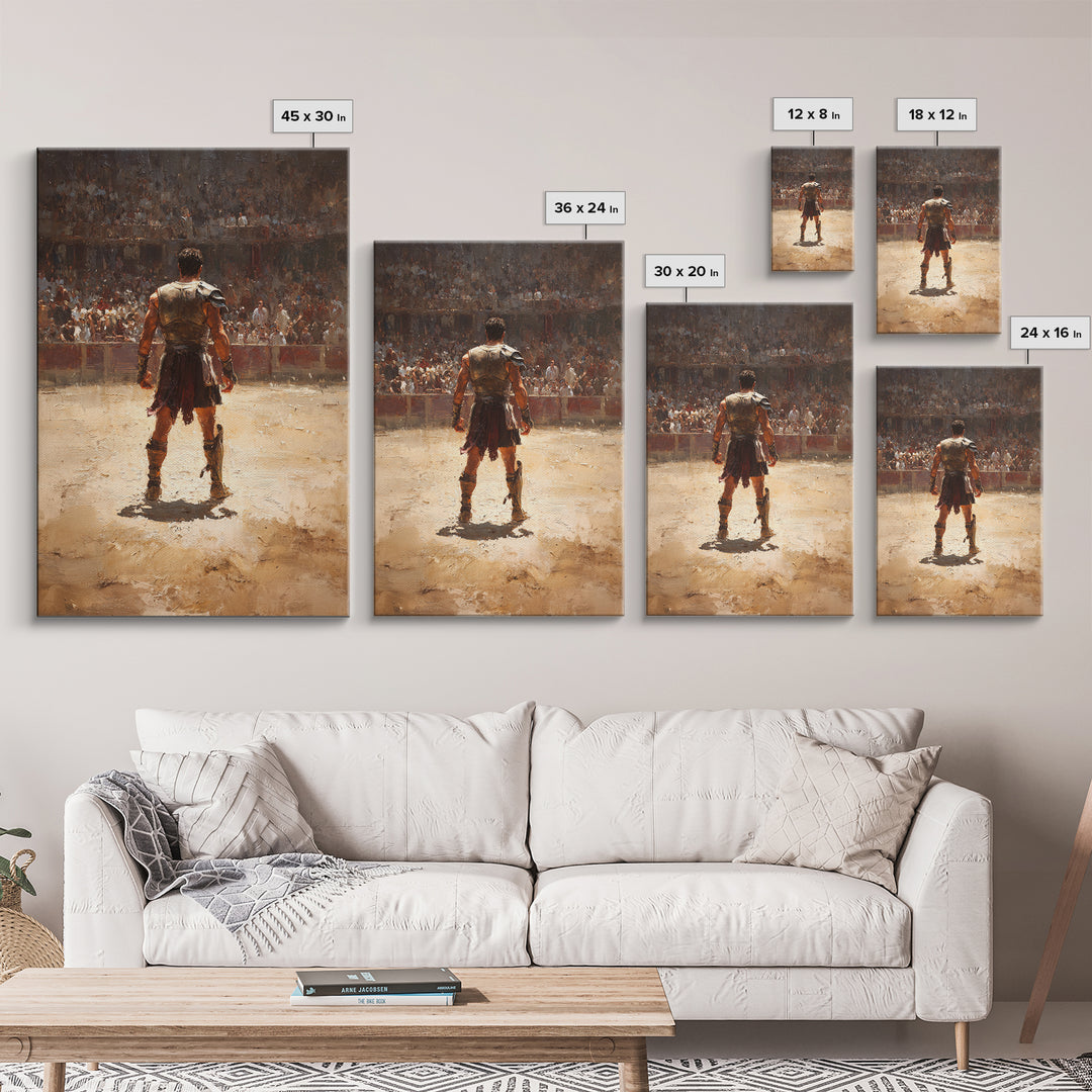 Gladiator Standing In Sunlit Ancient Arena Wall Art, Roman Warrior Canvas Print For Man Cave Decor And Masculine Office Art