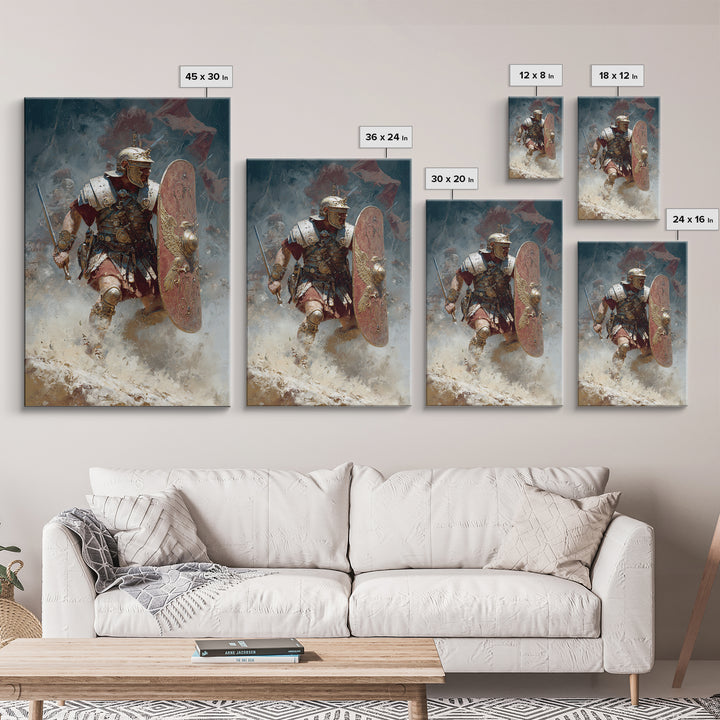Roman Legionary Charging Into Battle Framed Canvas Print, Ancient Warrior Wall Art, Historical Decor, Masculine Office Art