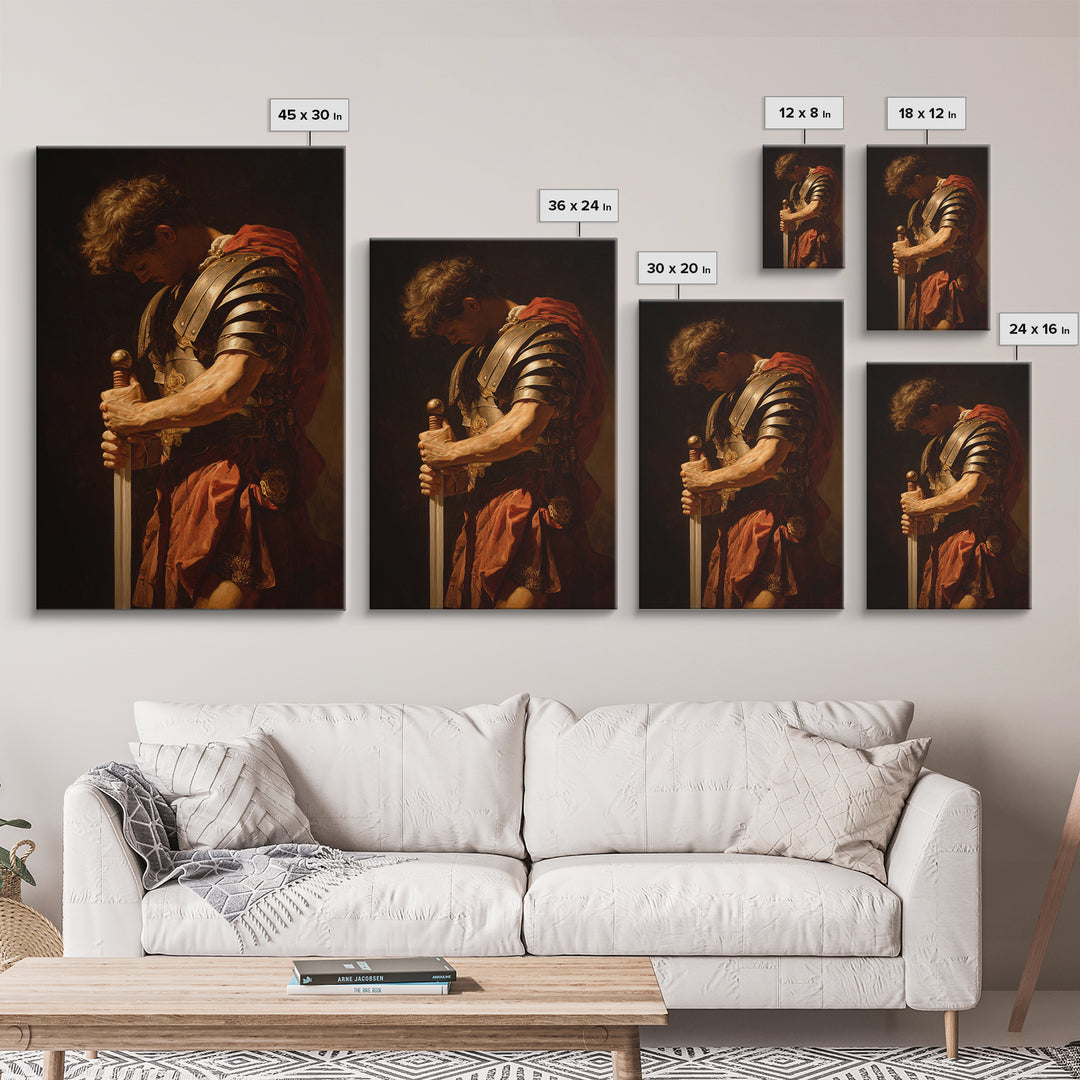 Roman Commander With Sword Framed Canvas Print, Dramatic Warrior Wall Art, Classical Oil Painting, Dark Academia Office Decor