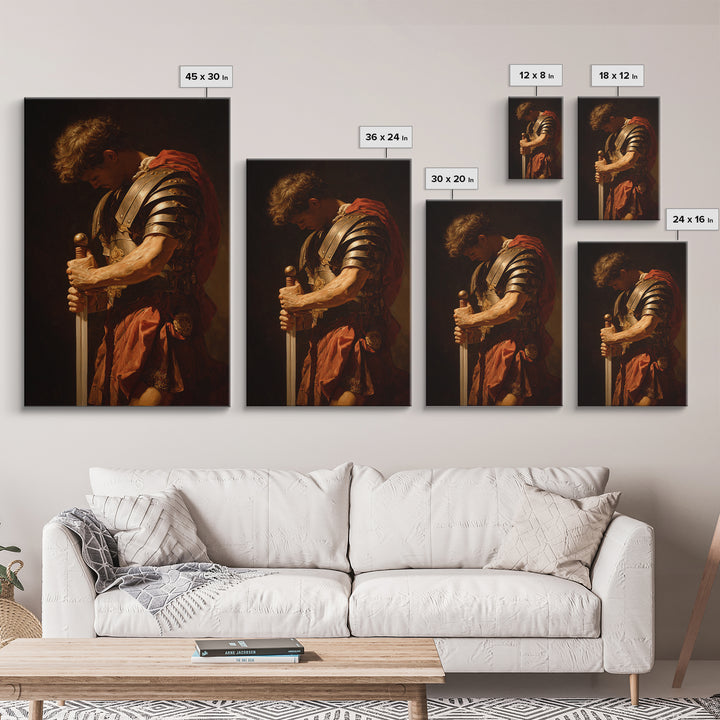 Roman Commander With Sword Framed Canvas Print, Dramatic Warrior Wall Art, Classical Oil Painting, Dark Academia Office Decor