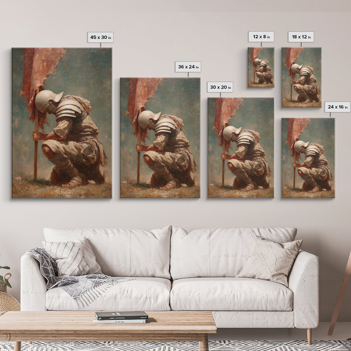 Kneeling Medieval Soldier With Torn Banner Wall Art, Somber Warrior Canvas Print, Historical Battle Decor, Memorial Gift