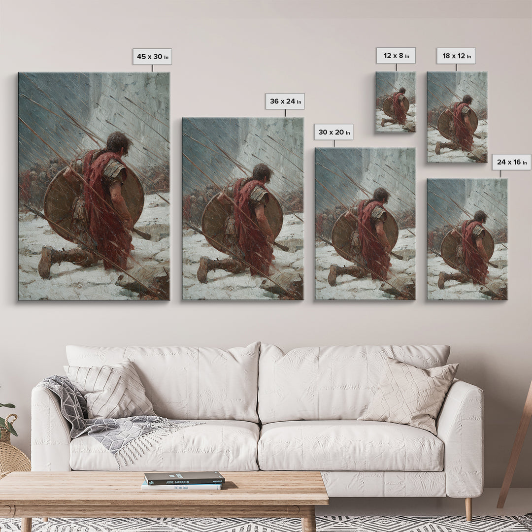 Kneeling Roman Soldier In Arrow Storm Wall Art, Ancient Battle Canvas Print, Heroic Warrior Office Decor, History Gift For Him