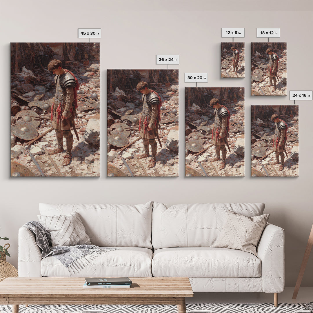 Young Warrior Among Fallen Shields Framed Canvas Print, Roman Battle Oil Painting, Historical Wall Art, Teen Boys Room Decor Gift