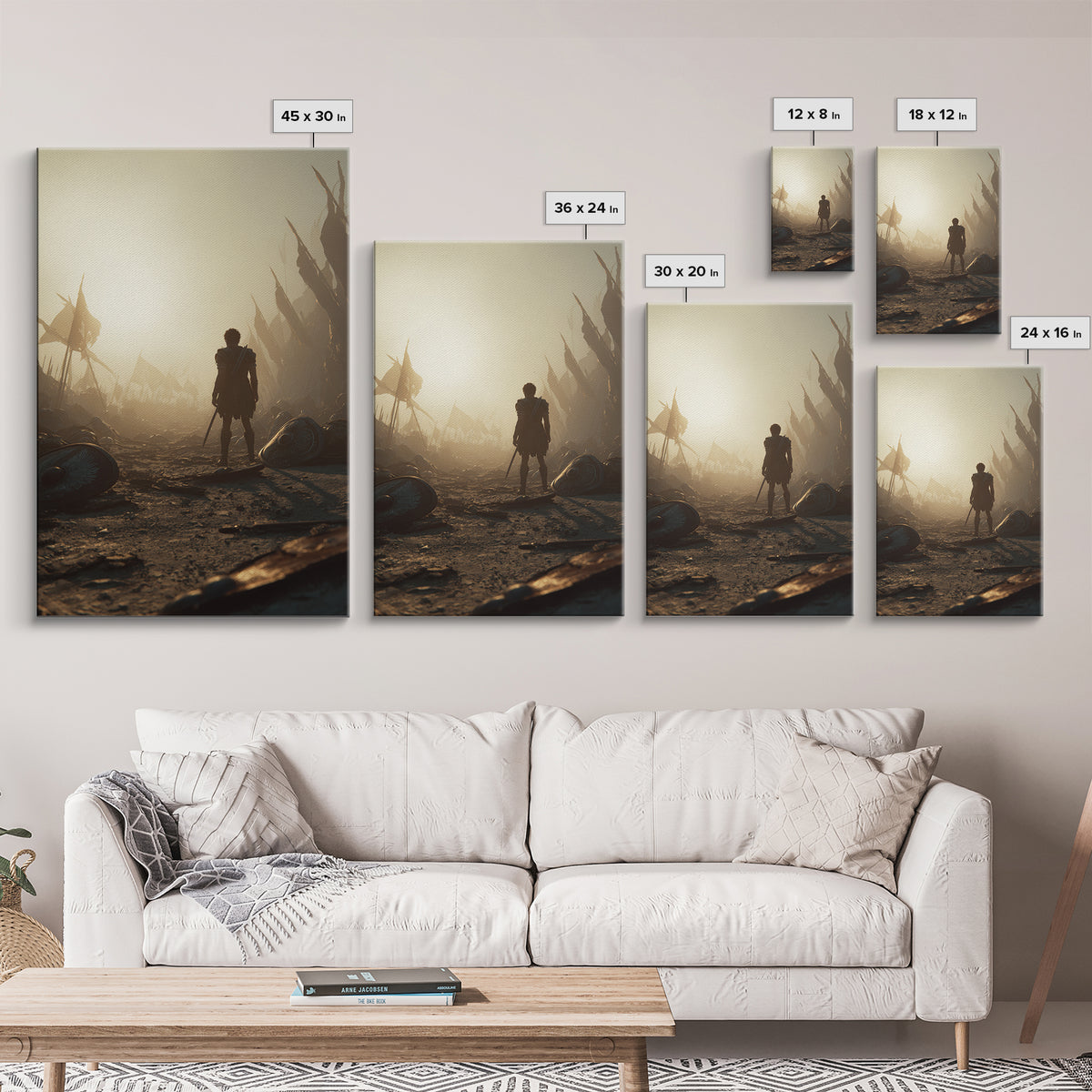 Lone Ancient Warrior In Sunlit Battlefield Canvas Print, Epic Fantasy Wall Art, Greek Battle Decor, Masculine Office Art