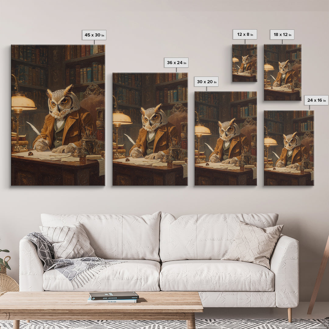 Scholarly Owl Writing In Antique Library Framed Canvas Print, Whimsical Animal Wall Art, Dark Academia Office Decor Gift