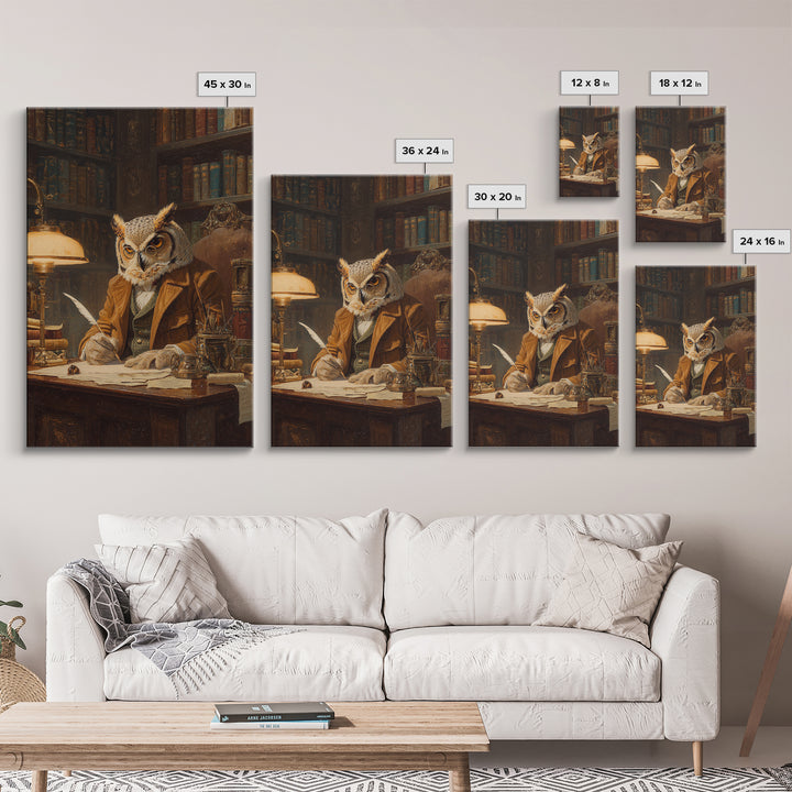 Scholarly Owl Writing In Antique Library Framed Canvas Print, Whimsical Animal Wall Art, Dark Academia Office Decor Gift
