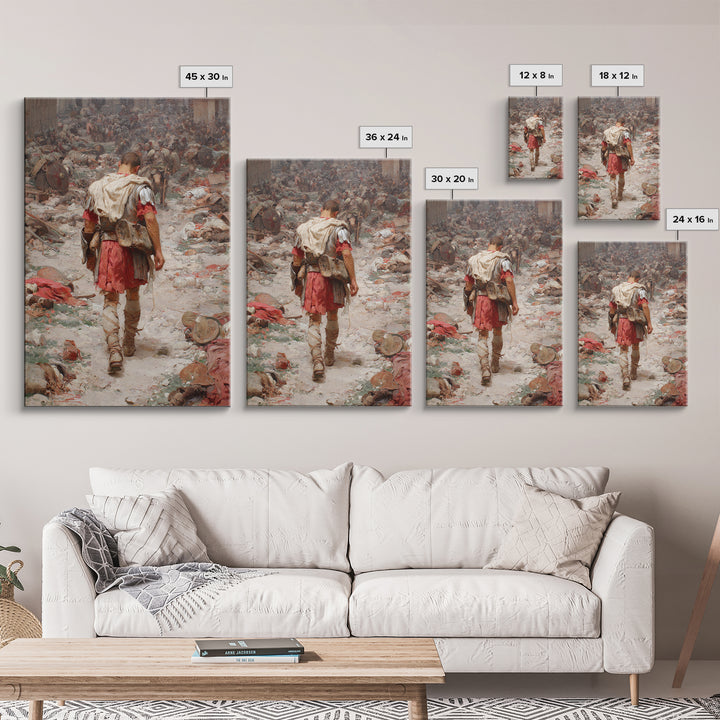Historic Roman Soldier Amidst Battle Aftermath Detailed Painting Wall Art Canvas Print For History Buffs And Home Decor