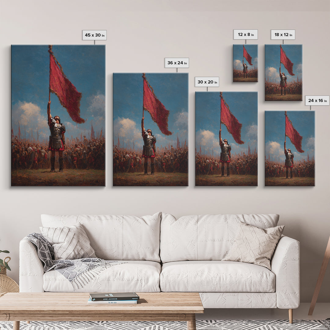 Roman Warrior Raising Red Battle Flag Wall Art, Historical Soldier Canvas, Dramatic Legion Artwork, Gift For Him, Living Room Decor