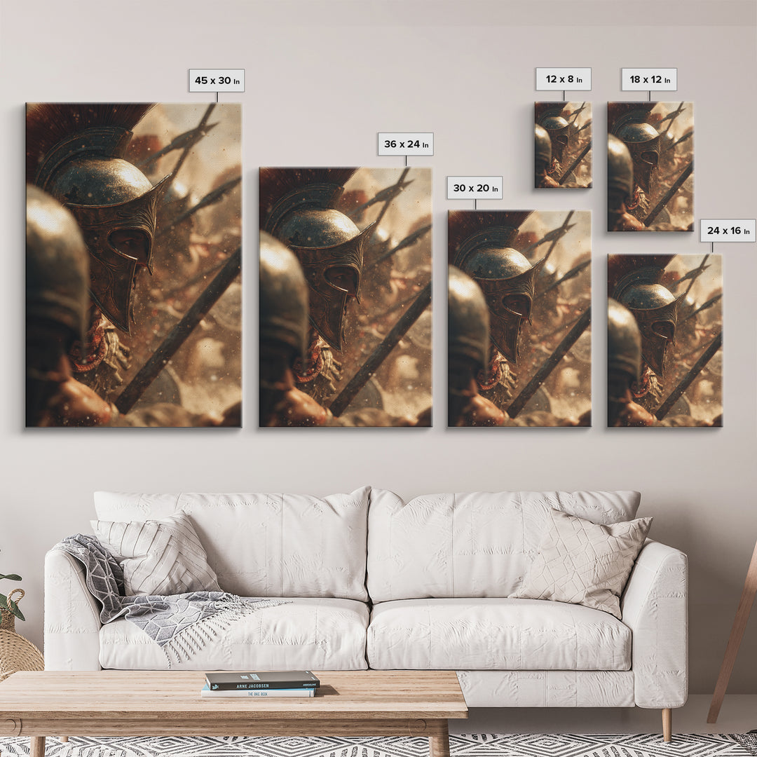 Bronze Spartan Helmet In Ancient Battle Canvas Print, Greek Warrior Wall Art, Historical Office Decor, Masculine Gift For Him