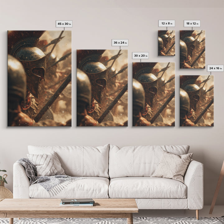 Bronze Spartan Helmet In Ancient Battle Canvas Print, Greek Warrior Wall Art, Historical Office Decor, Masculine Gift For Him