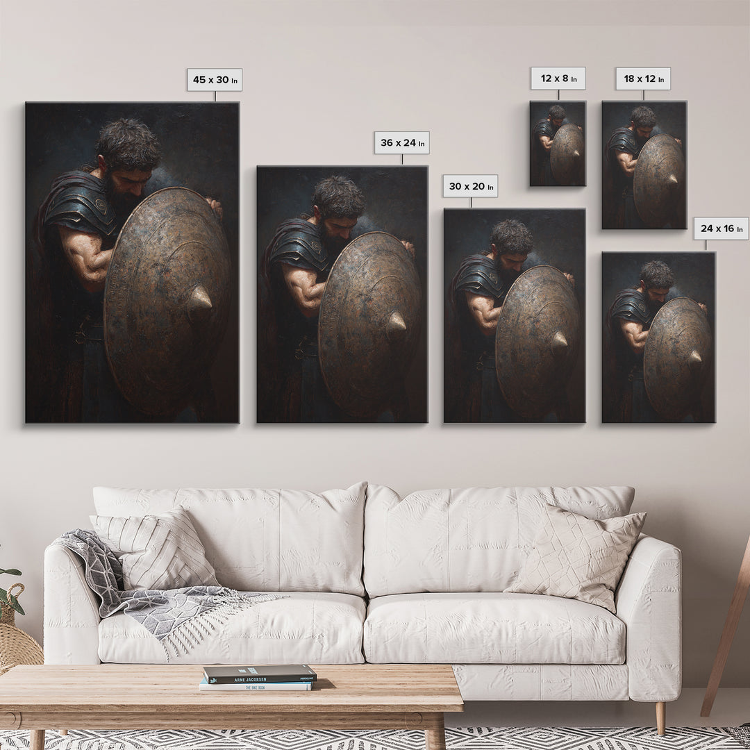 Bearded Warrior Holding Round Bronze Shield Framed Canvas Print, Spartan Wall Art, Masculine Office Decor, Fine Art Print