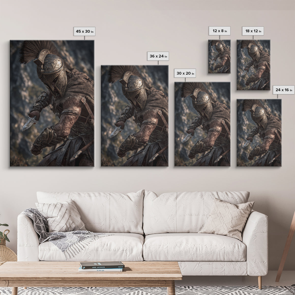 Armored Spartan Warrior With Bronze Helmet Wall Art, Ancient Greek Canvas Print, Masculine Office Decor, History Gift For Him