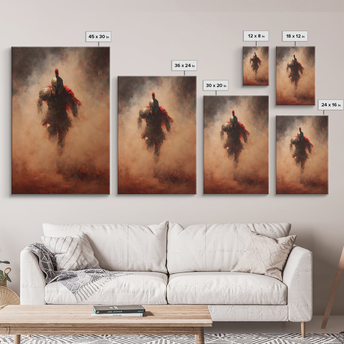 Spartan Warrior Emerging Through Red Smoke, Canvas Print, Dramatic Battle Wall Art, Ancient Greek Decor, Masculine Art, Gift For Him