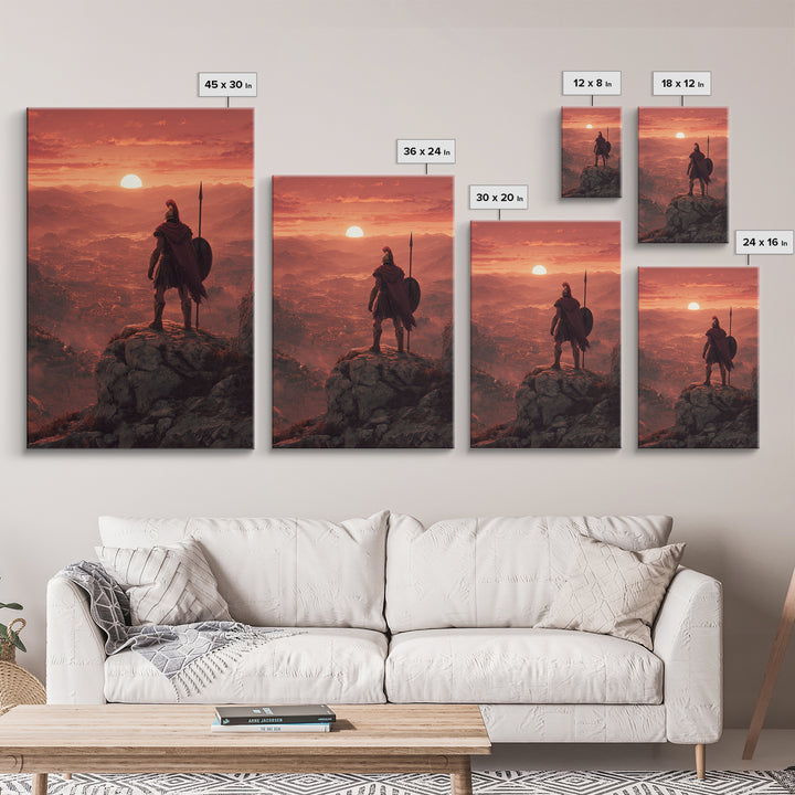Spartan Warrior At Red Sunset, Epic Landscape Wall Art, Greek Soldier Canvas Print, Masculine Office Decor, Gift For Him