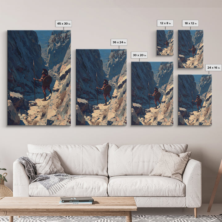 Spartan Warrior In Snowy Mountain Pass Framed Canvas Print, Ancient Greek Wall Art, Masculine Office Decor Gift, Housewarming Gift